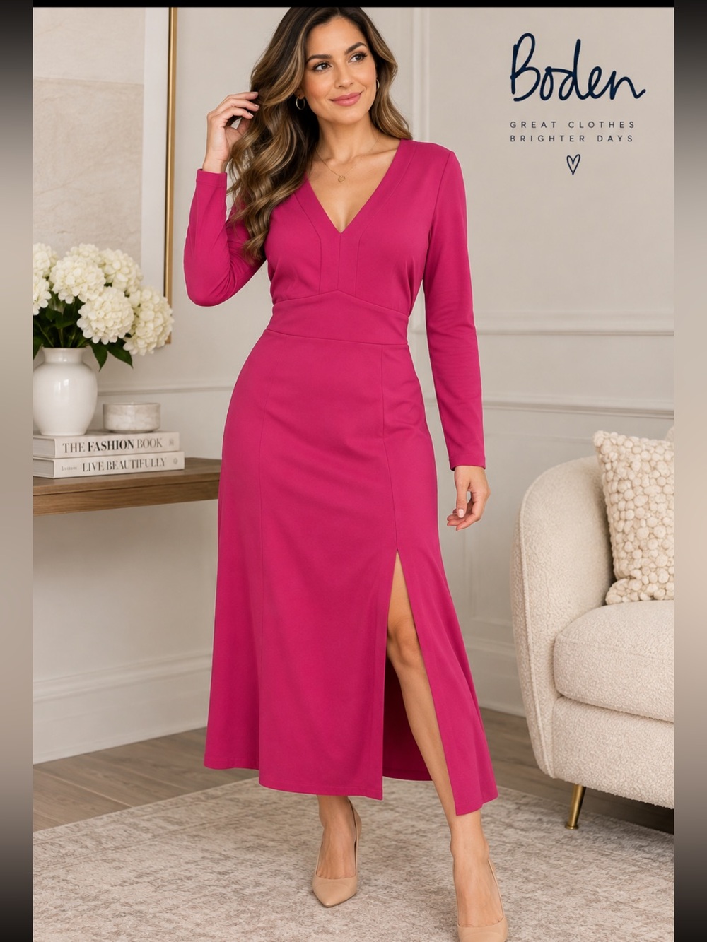 Boden Fuchsia Pink Long Sleeve V-Neck Midi Dress Slit Size 10